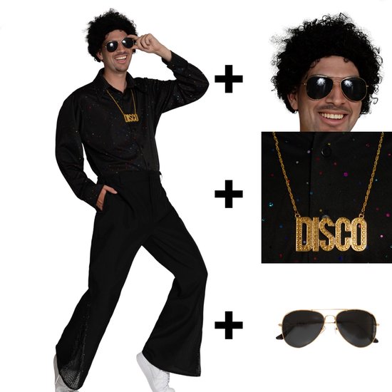 Partyxclusive 5-Delig Disco Kostuum Zwart Shirt/Broek/Pruik/Bril/Ketting Disco Foute Party Outfit Heren Retro Verkleedkleding Carnavalskleding Heren - Zwart- Polyester -XL