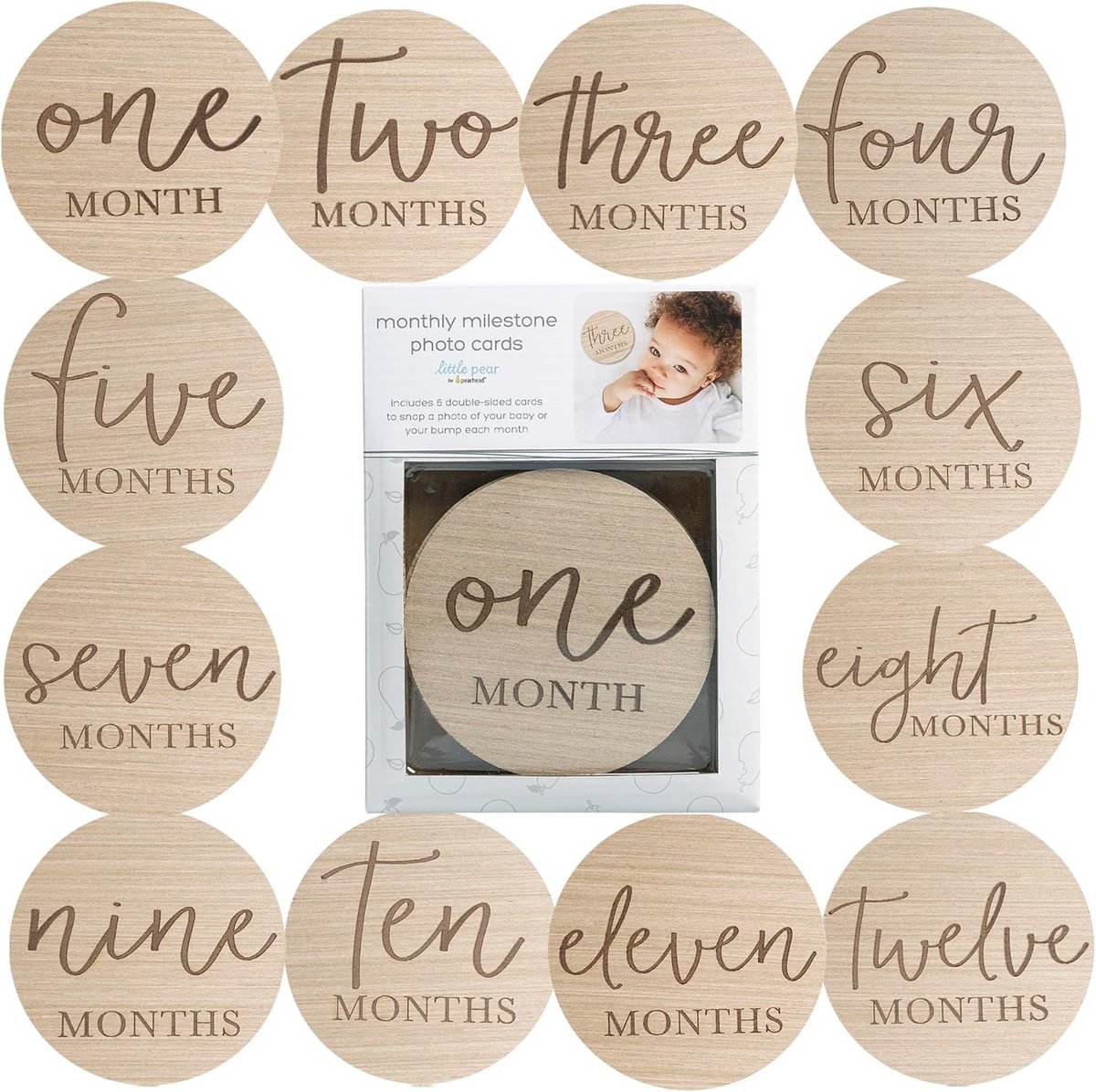 Houten Milestone Fotokaarten voor Baby - Dubbelzijdige Maandelijkse Aankondigingschijven voor Zwangerschap en Baby Mijlpalen, 1-12 Maanden, Licht Hout