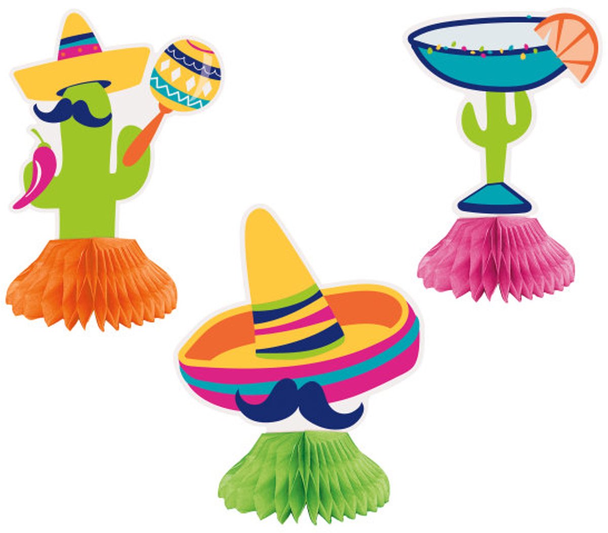 UNIQUE - 3 boho fiesta kartonnen tafeldecoraties cactus en sombrero's