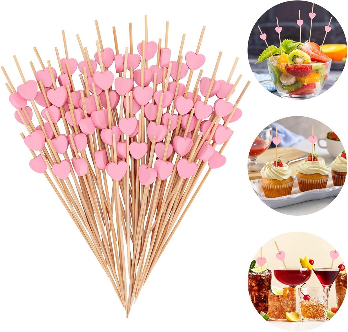 100 Decoratieve Roze Hartvormige Cocktailprikkers van Bamboe voor Feestjes