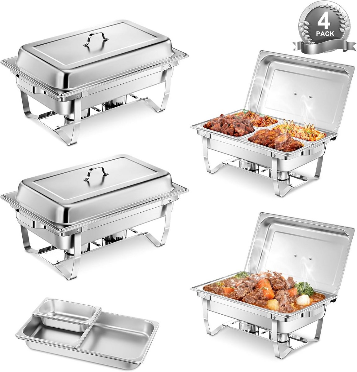 Buffet Warmer Set 4 Delig Roestvrij Staal - Inclusief Diverse GN Bakken