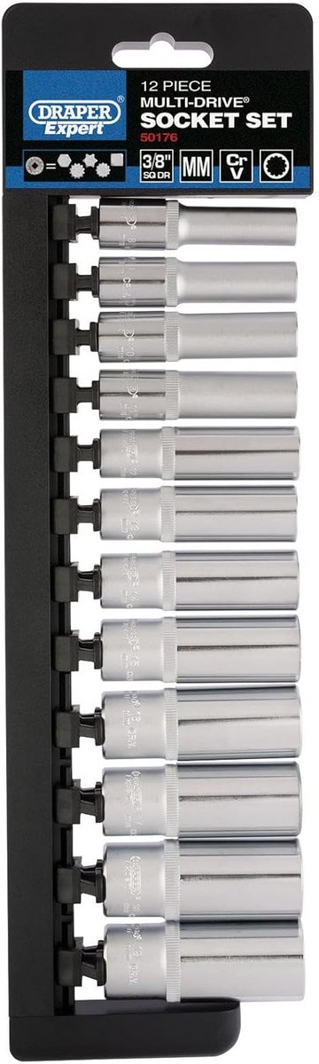 12-Delige Diepe Doppenset 3/8" - Multi-Drive voor Zeskant, Spline & TX-Star