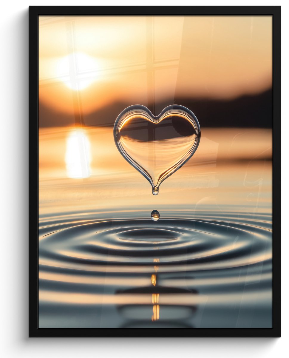 FrameYourWall Poster in lijst - Fotolijst 50x70 cm - Posters - Hart - Water - Zonsondergang - Natuur - Zen - Posterlijst zwart - Decoratie - Wanddecoratie woonkamer - Muurdecoratie slaapkamer