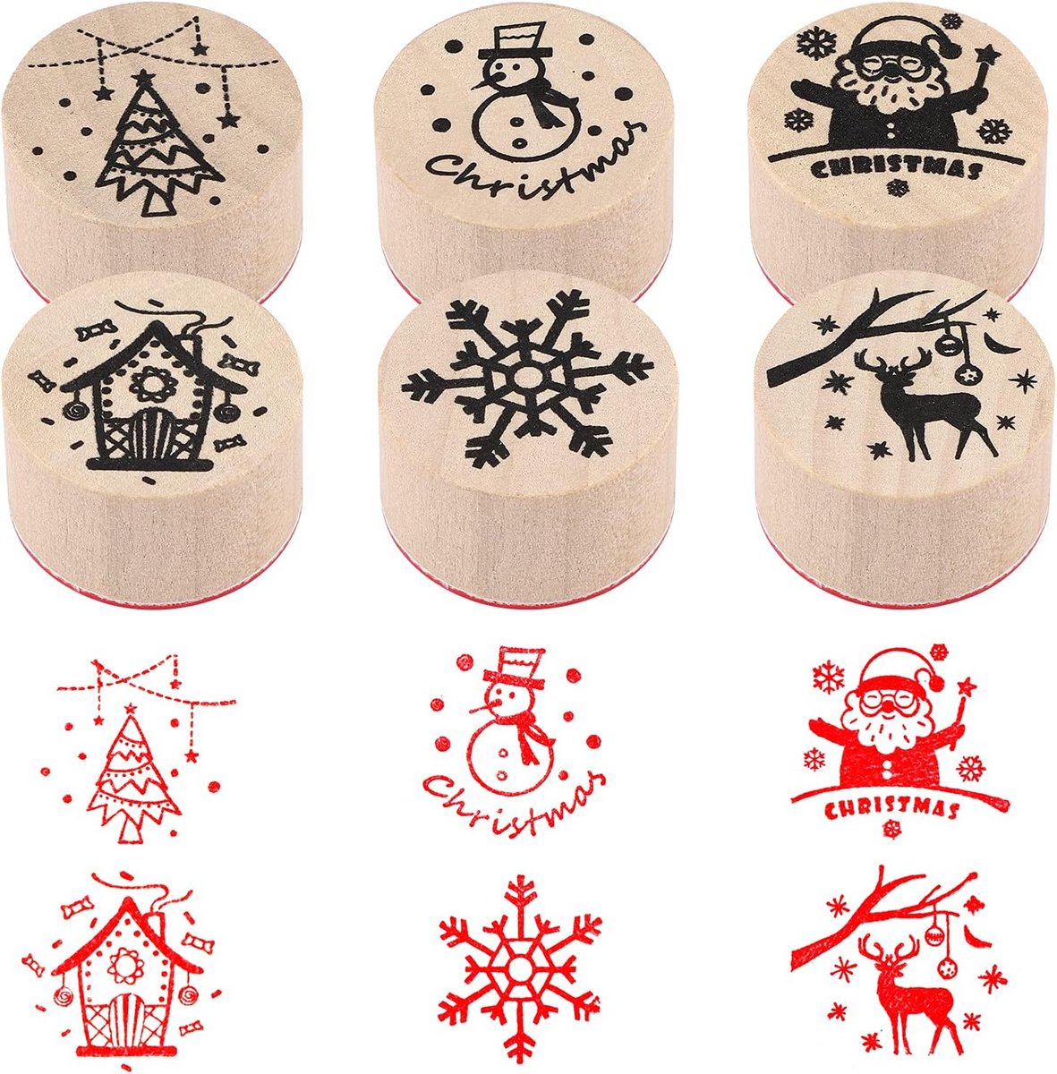 Houten Stempelset Kerstthema 6 Stuks - Mini Stempels voor Cadeaupapier en Knutselen