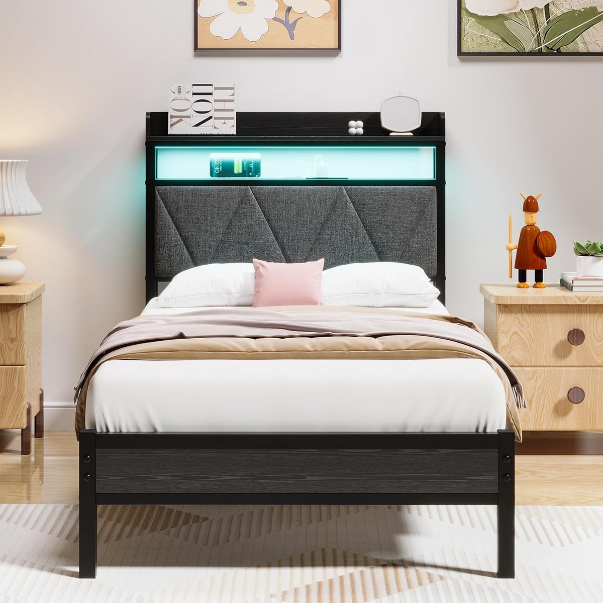 Modern Bedframe 90x200 cm met Oplaadstation, LED Verlichting en Opbergplanken
