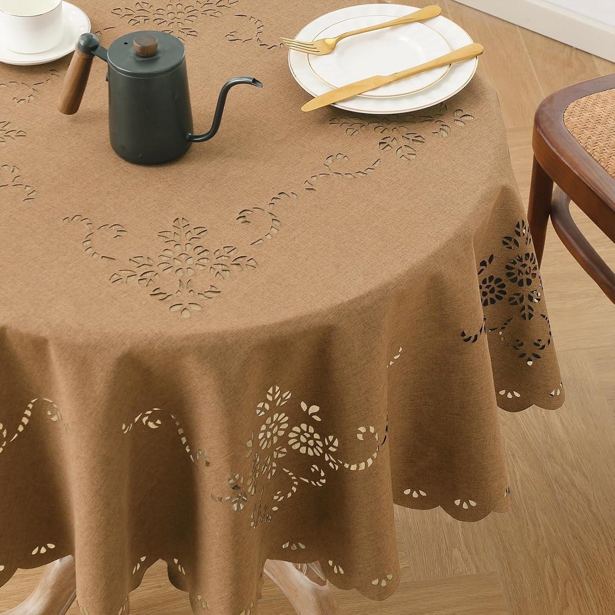 Macramé Tafelkleed Polyester Linnenlook Waterdicht 120 cm Rond