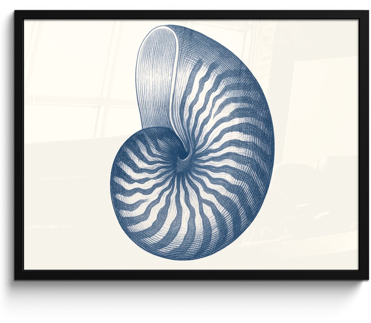 FrameYourWall Poster in lijst - Fotolijst 70x50 cm - Posters - Blauw - Schelp - Spiraal - Posterlijst zwart - Decoratie - Wanddecoratie woonkamer - Muurdecoratie slaapkamer Schelp - Blauw