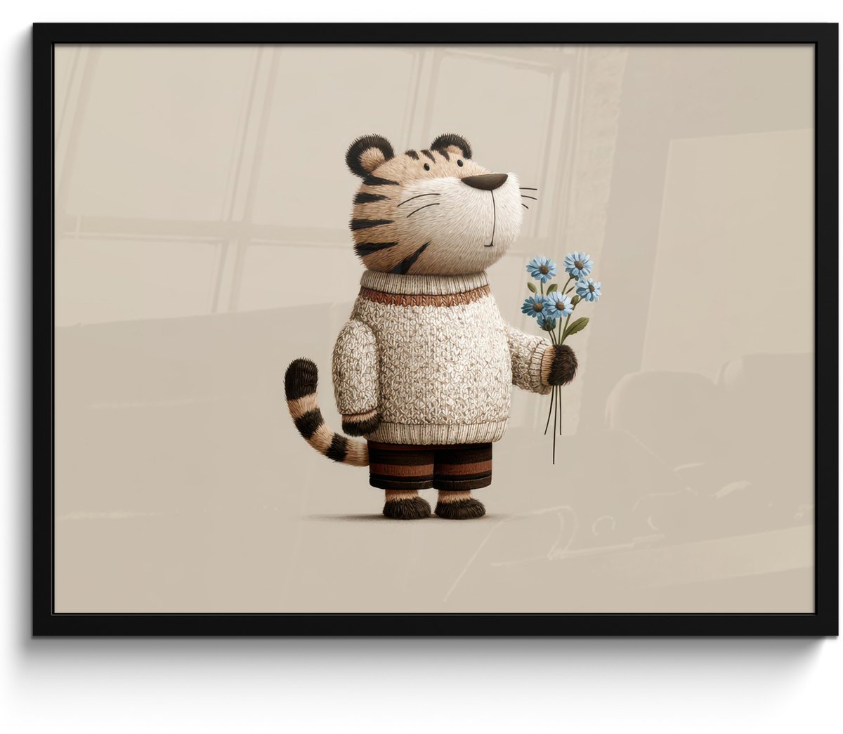 FrameYourWall Poster in lijst - Fotolijst 70x50 cm - Posters - Tijger - Blauwe bloemen - Rustig - Posterlijst zwart - Decoratie - Wanddecoratie woonkamer - Muurdecoratie slaapkamer Tijger - Bloemen