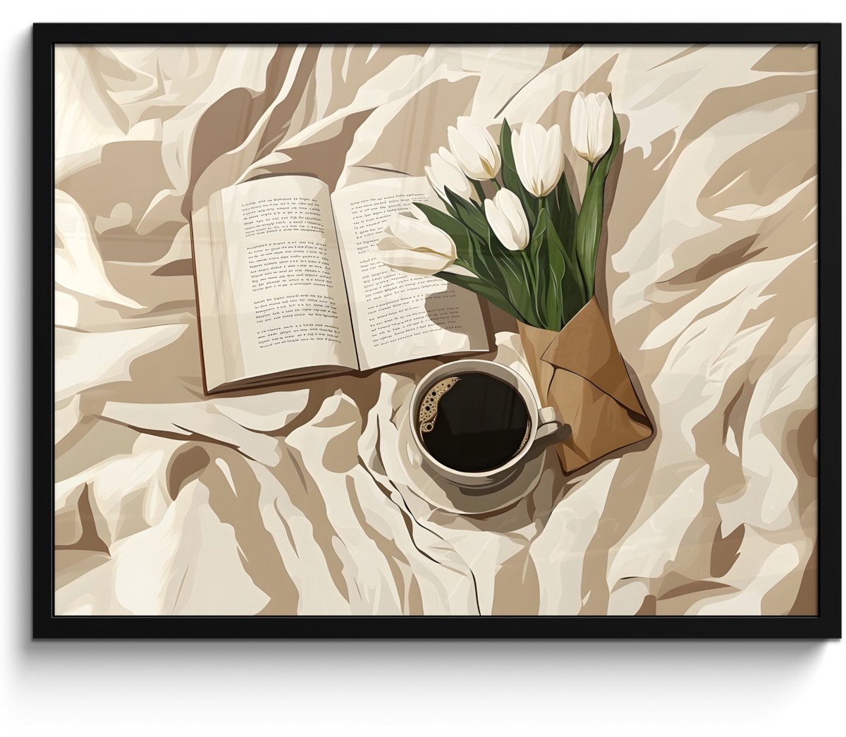 FrameYourWall Poster in lijst - Fotolijst 70x50 cm - Posters - Boek - Illustratie - Tulpen - Koffie - Posterlijst zwart - Decoratie - Wanddecoratie woonkamer - Muurdecoratie slaapkamer Boek - Tulpen - Koffie