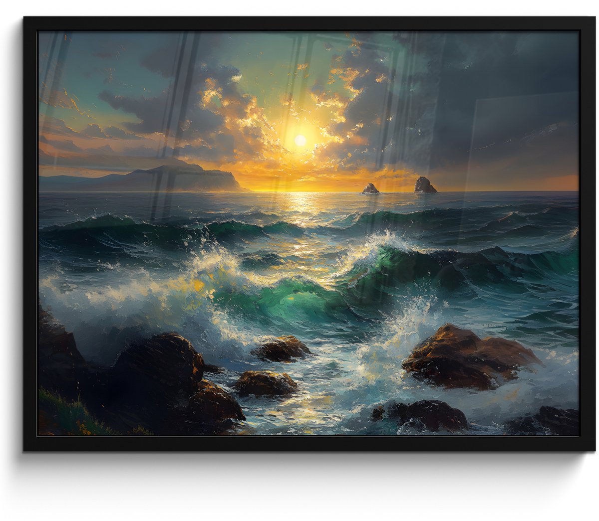 FrameYourWall Poster in lijst - Fotolijst 70x50 cm - Posters - Zee - Zon - Golven - Rotsen - Posterlijst zwart - Decoratie - Wanddecoratie woonkamer - Muurdecoratie slaapkamer