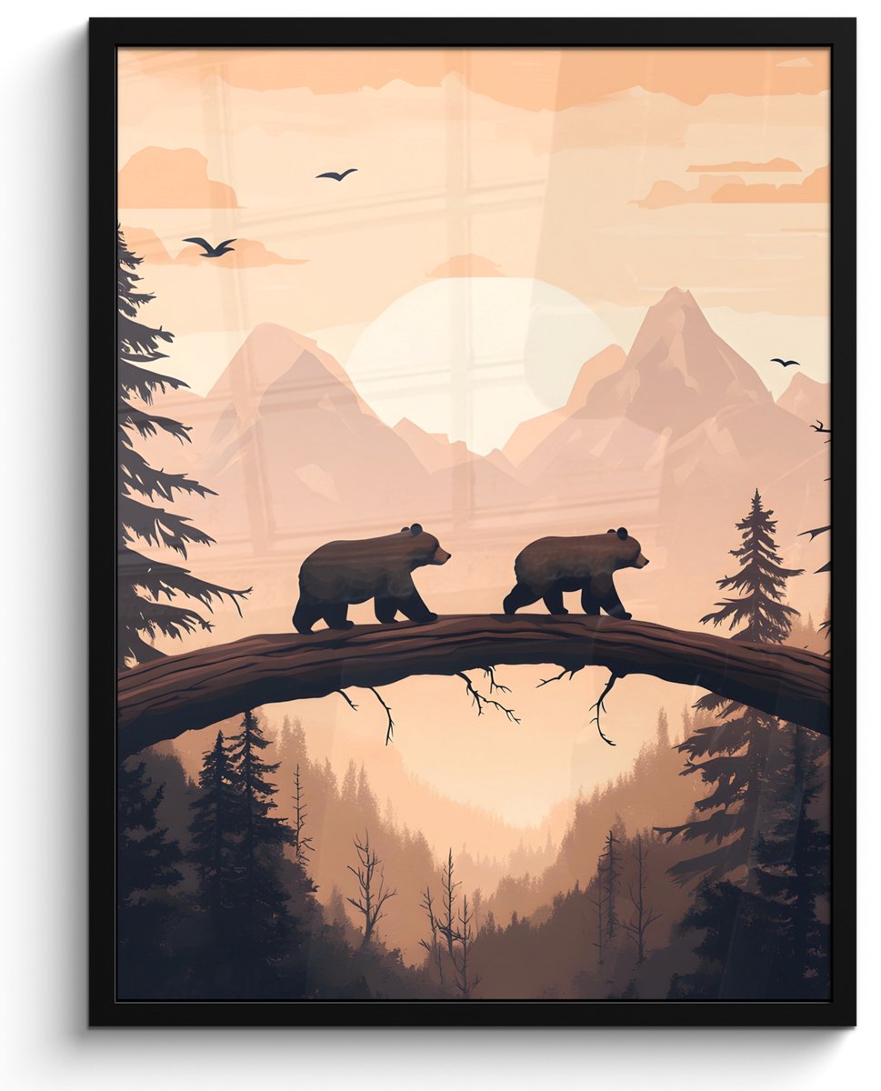 FrameYourWall Poster in lijst - Fotolijst 50x70 cm - Posters - Beren - Bomen - Landschap - Zonsondergang - Posterlijst zwart - Decoratie - Wanddecoratie woonkamer - Muurdecoratie slaapkamer Beren - Landschap