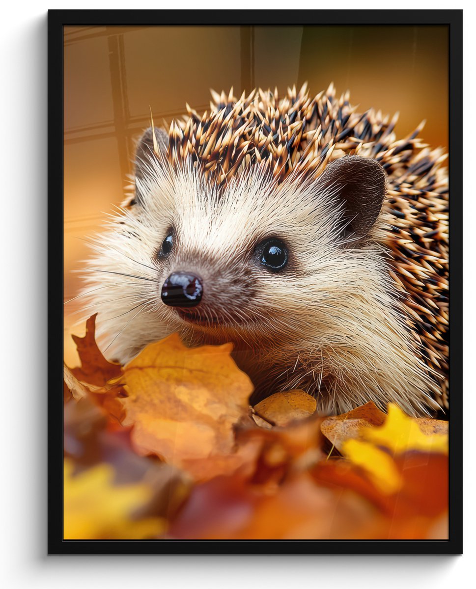 FrameYourWall Poster in lijst - Fotolijst 50x70 cm - Posters - Egel - Bos - Herfstbladeren - Herfst - Bosdieren - Natuur - Posterlijst zwart - Decoratie - Wanddecoratie woonkamer - Muurdecoratie slaapkamer