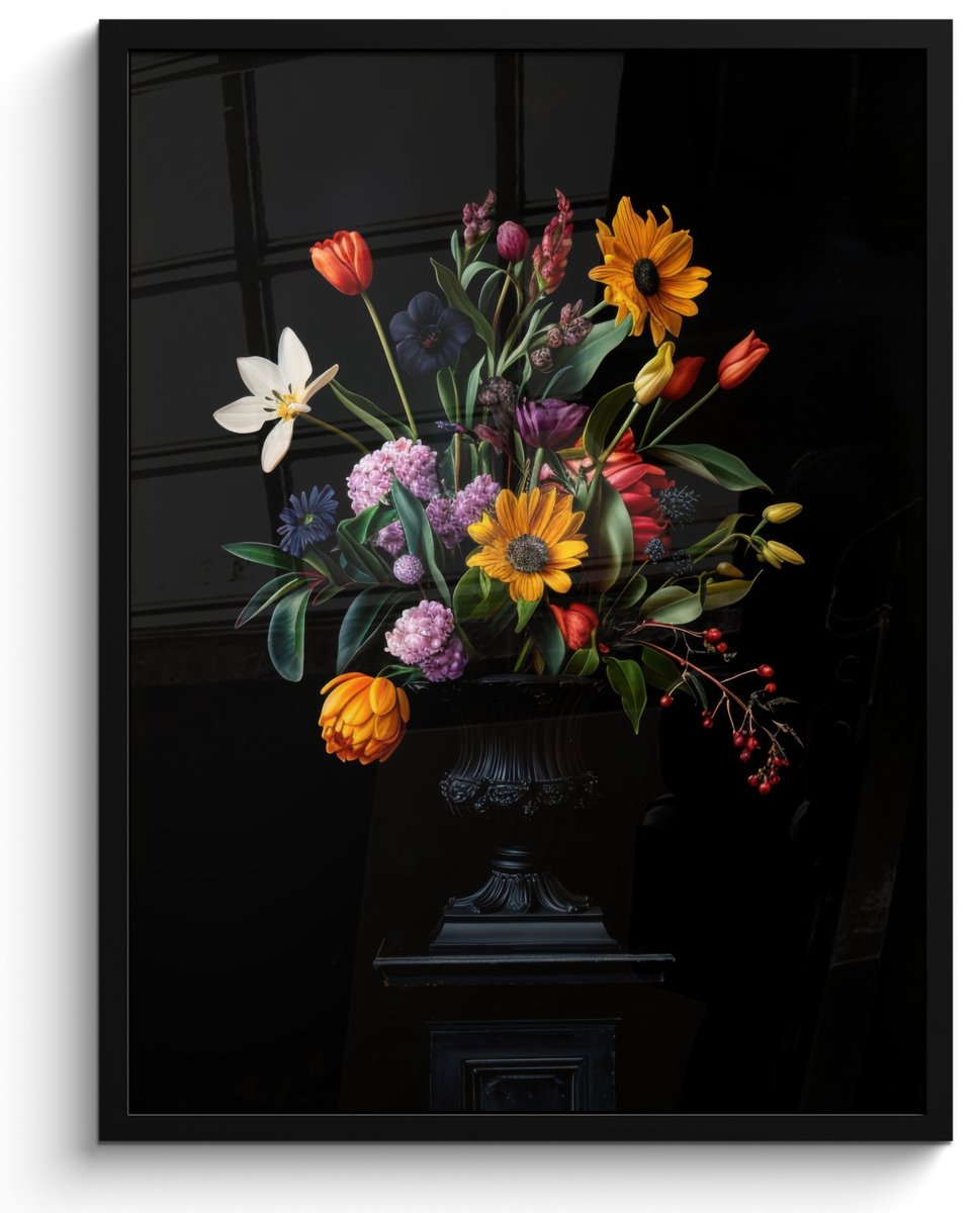 FrameYourWall Poster in lijst - Fotolijst 50x70 cm - Posters - Zonnebloemen - Boeket - Kleurrijk - Posterlijst zwart - Decoratie - Wanddecoratie woonkamer - Muurdecoratie slaapkamer Boeket - Bloemen 1