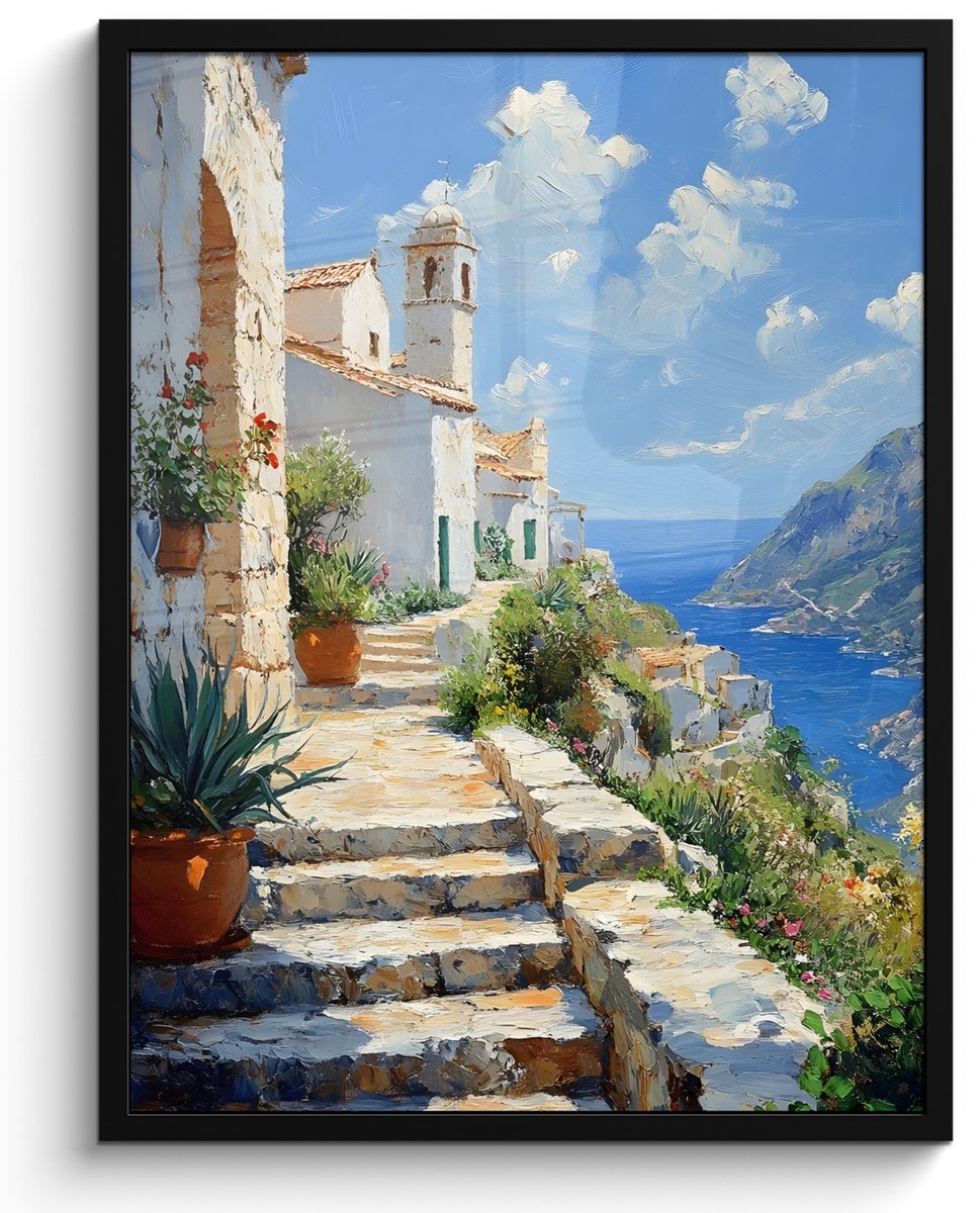 FrameYourWall Poster in lijst - Fotolijst 50x70 cm - Posters - Trap - Huizen - Berglandschap - Zee - Posterlijst zwart - Decoratie - Wanddecoratie woonkamer - Muurdecoratie slaapkamer Trap - Huizen - Landschap