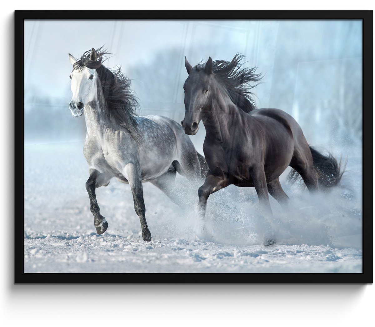 FrameYourWall Poster in lijst - Fotolijst 70x50 cm - Posters - Paarden - Winter - Dieren - Natuur - Sneeuw - Posterlijst zwart - Decoratie - Wanddecoratie woonkamer - Muurdecoratie slaapkamer