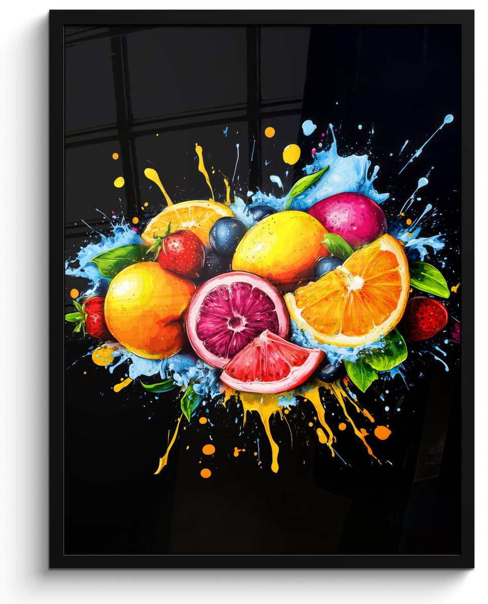 FrameYourWall Poster in lijst - Fotolijst 50x70 cm - Posters - Fruit - Graffiti - Kleurrijk - Sinaasappel - Aardbei - Abstract - Posterlijst zwart - Decoratie - Wanddecoratie woonkamer - Muurdecoratie slaapkamer Graffiti - Fruit