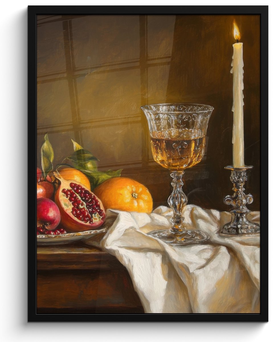 FrameYourWall Poster in lijst - Fotolijst 50x70 cm - Posters - Fruit - Stilleven - Wijn - Kaars - Posterlijst zwart - Decoratie - Wanddecoratie woonkamer - Muurdecoratie slaapkamer Kaars - Stilleven