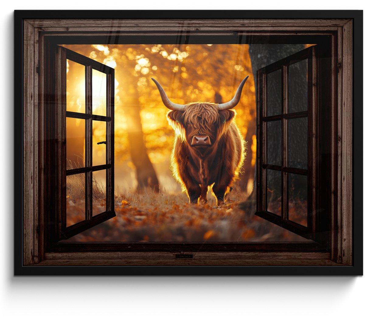 FrameYourWall Poster in lijst - Fotolijst 70x50 cm - Posters - Schotse hooglander - Bos - Herfst - Dieren - Natuur - Bladeren - Doorkijk - Posterlijst zwart - Decoratie - Wanddecoratie woonkamer - Muurdecoratie slaapkamer Bruin