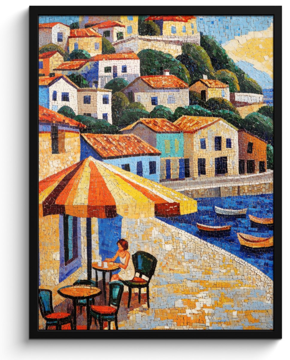 FrameYourWall Poster in lijst - Fotolijst 50x70 cm - Posters - Kustdorp - Huisjes - Mozaïek - Zee - Posterlijst zwart - Decoratie - Wanddecoratie woonkamer - Muurdecoratie slaapkamer Zee - Dorp - Mozaïek