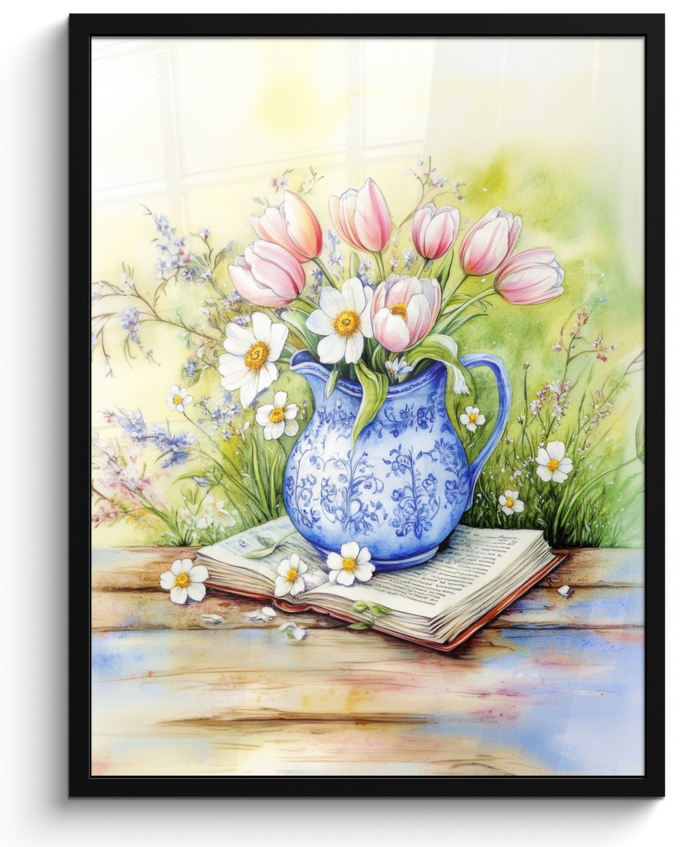FrameYourWall Poster in lijst - Fotolijst 50x70 cm - Posters - Vaas - Delftsblauw - Madeliefjes - Posterlijst zwart - Decoratie - Wanddecoratie woonkamer - Muurdecoratie slaapkamer