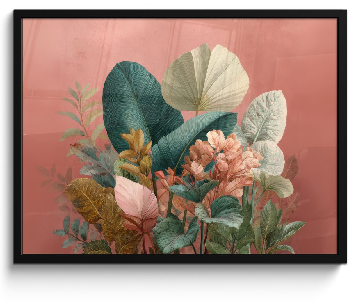 FrameYourWall Poster in lijst - Fotolijst 70x50 cm - Posters - Tropische bladeren - Bloemen - Roze - groen - Posterlijst zwart - Decoratie - Wanddecoratie woonkamer - Muurdecoratie slaapkamer Tropisch - Bladeren - Bloemen