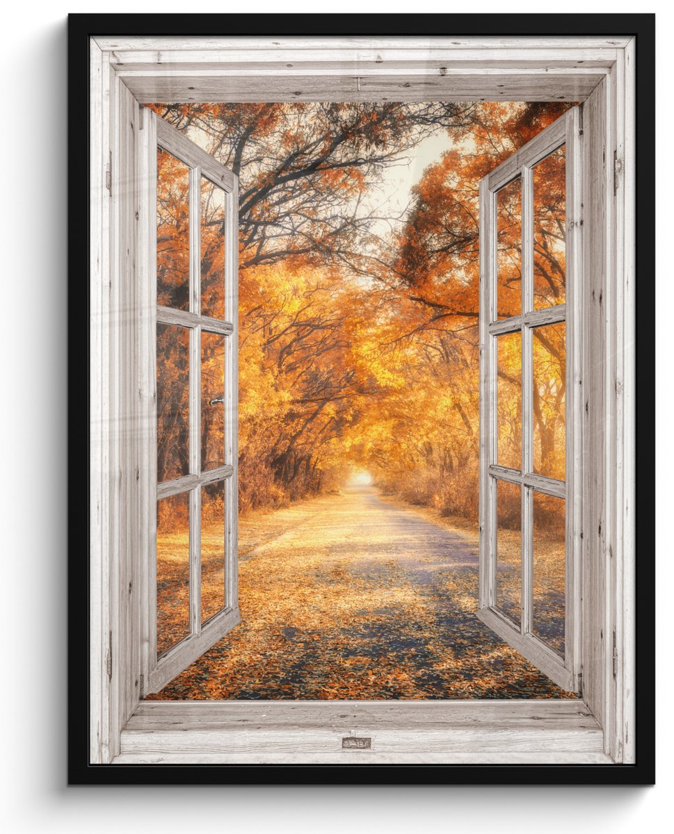 FrameYourWall Poster in lijst - Fotolijst 50x70 cm - Posters - Bos - Herfst - Bomen - Bospad - Natuur - Doorkijk - Posterlijst zwart - Decoratie - Wanddecoratie woonkamer - Muurdecoratie slaapkamer