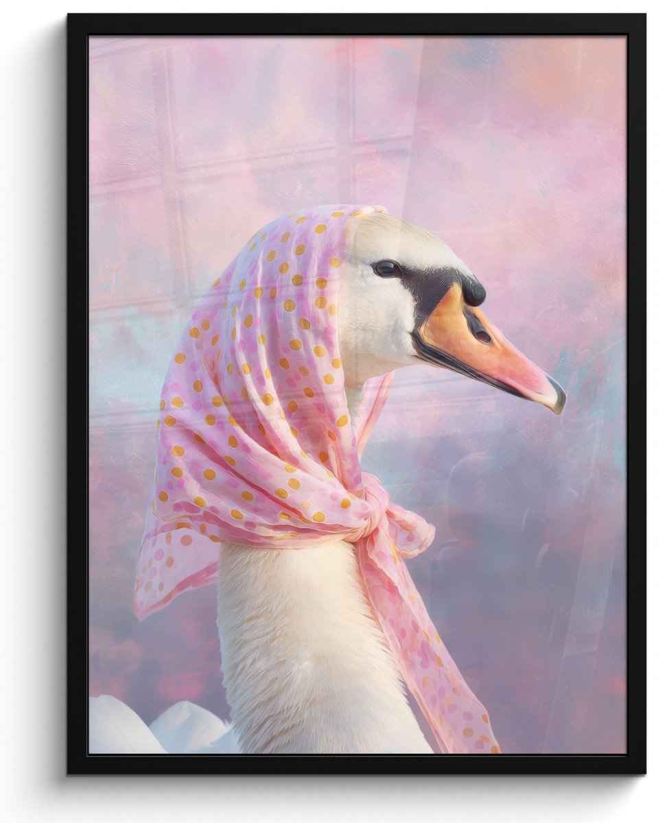 FrameYourWall Poster in lijst - Fotolijst 50x70 cm - Posters - Zwaan - Sjaaltje - Pastelwolken - Posterlijst zwart - Decoratie - Wanddecoratie woonkamer - Muurdecoratie slaapkamer