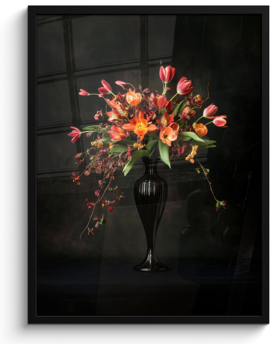 FrameYourWall Poster in lijst - Fotolijst 50x70 cm - Posters - Sierlijk - Boeket - Vaas - Posterlijst zwart - Decoratie - Wanddecoratie woonkamer - Muurdecoratie slaapkamer Boeket - Bloemen 5