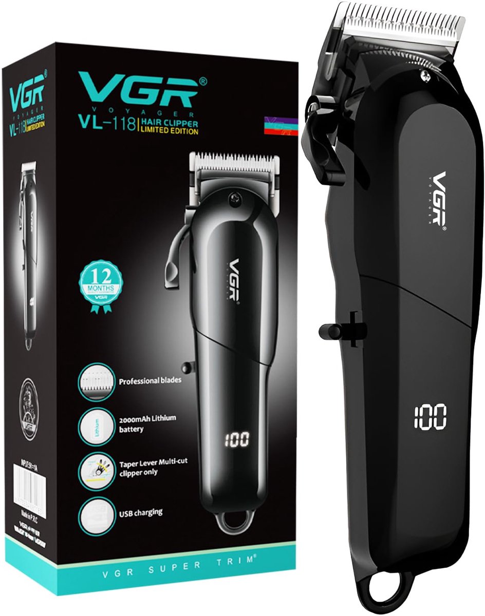 Tondeuse Draadloos voor Mannen – VGR V-118 – Professionele Barber Hair Clipper – LED Display – 6 Lengtestanden – 2000mAh – 200 Min Batterijduur