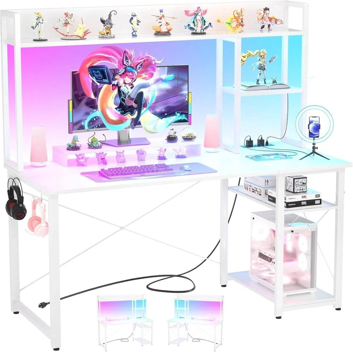 Groot Gaming Bureau met Monitorverhoging, Opbergvakken en RGB Verlichting