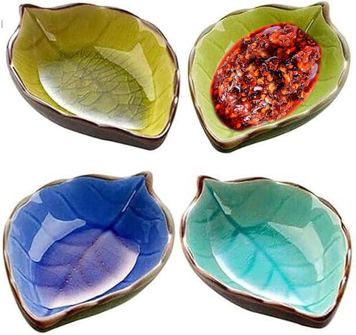 Set van 4 keramische schaaltjes met bladvorm, ideaal voor snacks en sauzen