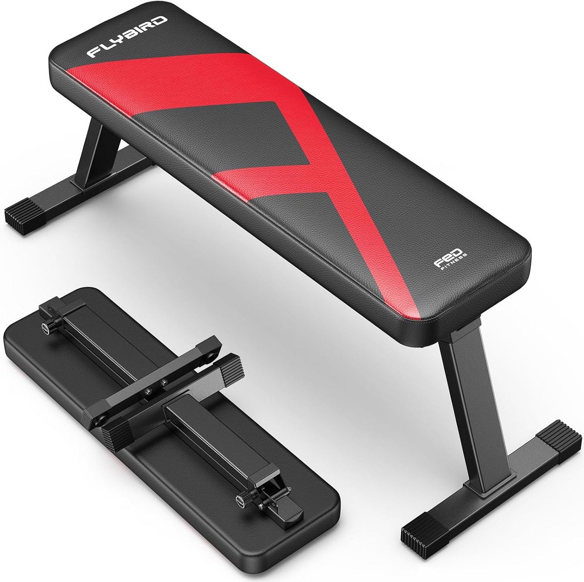 Platte Halterbank - Trainingsbank Krachttraining - Thuis Workouts - Stabiele Ingebouwde Poten - 300 kg Draagkracht - Rood