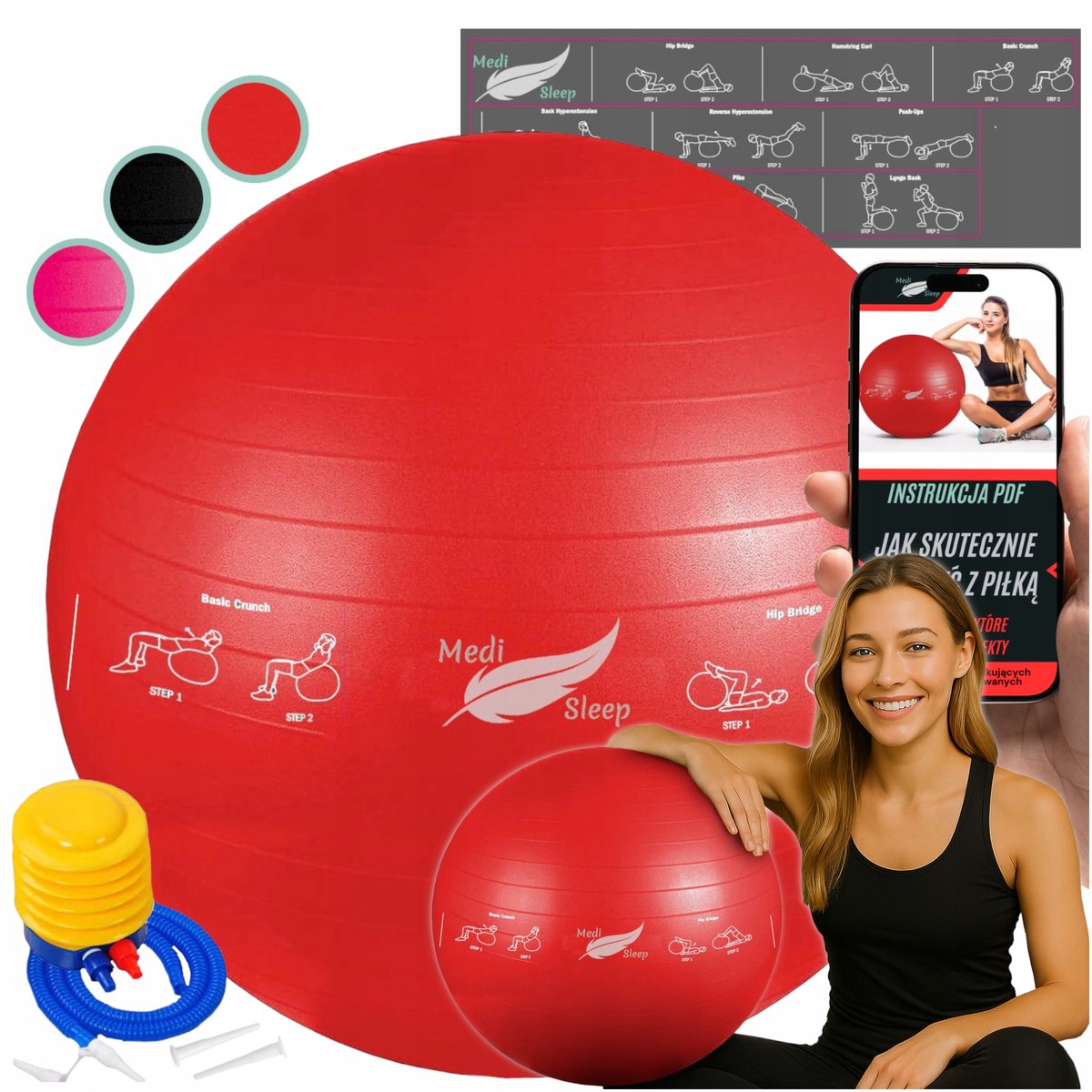 Medi Sleep – GYM Fit Ball – 65cm – Rehabilitatie en Fitness – Antislip – Inclusief Pomp