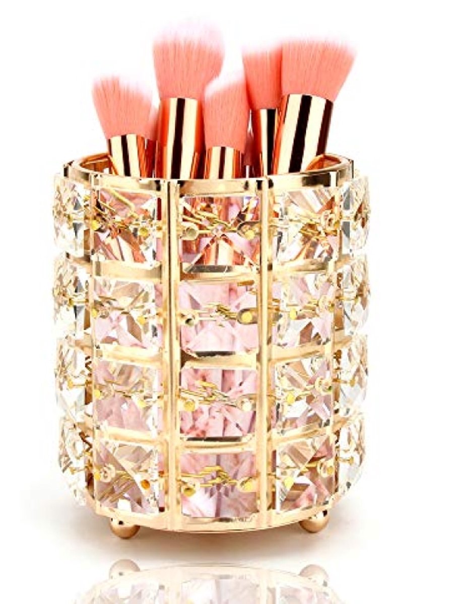 Gouden make-up kwastenhouder met kristal - Desktop organizer voor cosmetica en pennen