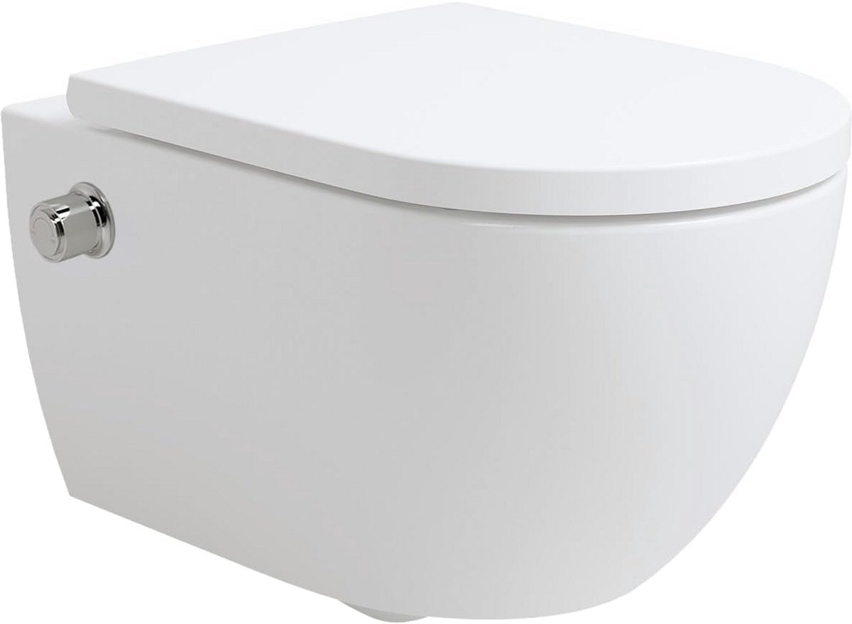Wandtoilet met Bidet - Douche WC - Hygiënisch Reinigen - Randloos Tornado Spoelsysteem - 54.5 x 36 x 33 cm