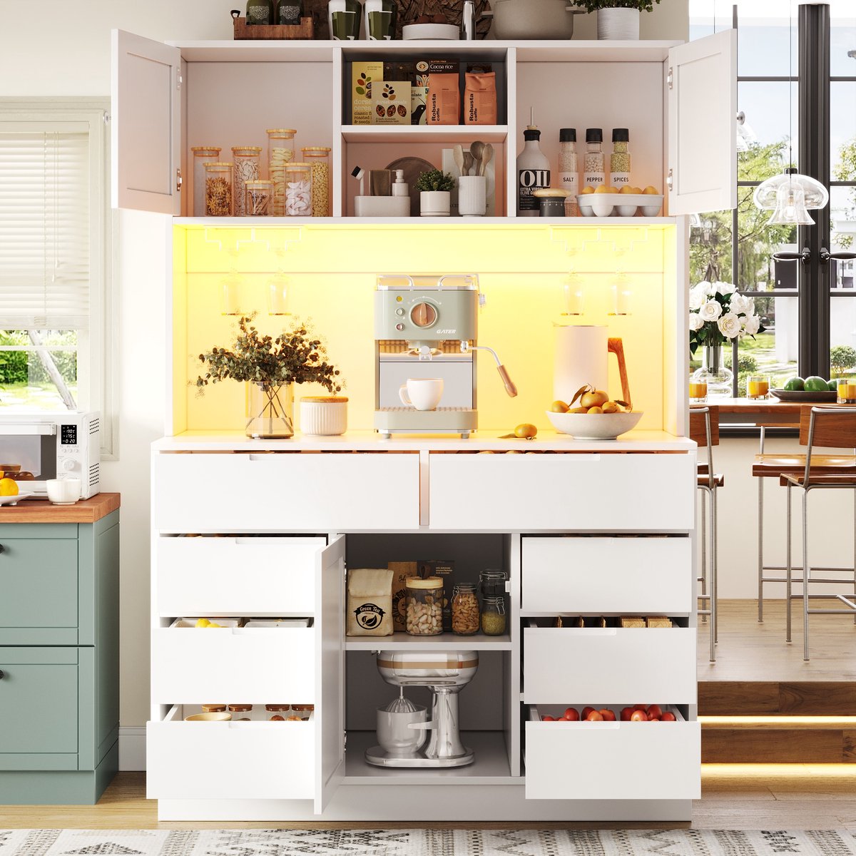 REDOM - Hoge Keukenkast - Met Ledverlichting En 8 Laden - Modern - Voor De Keuken - MDF - Wit - 120 X 40 X 183,5 Cm