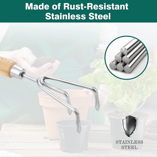 Hand Cultivator - Bodemwoeler Hark - Tuinonderhoud Onkruid - Roestvrij Staal Klauw - 29cm Lengte - Houtkleurig van Merkloos	 — afbeelding 2