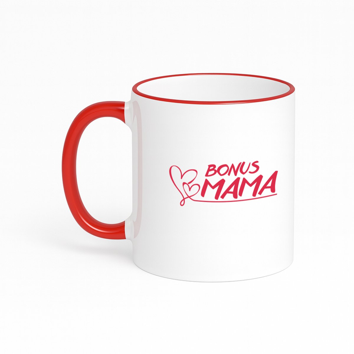 Hacebo® - Bonus mama met 2 rode harten en lijn koffiebeker met gekleurde rand rood - Bonusmoeder - Mama - thee mok - koffie beker - moederdag cadeautje - Cadeau voor mama - Verjaardag - Geschenk - Cadeau - Gift - koffiemok - 330 ML