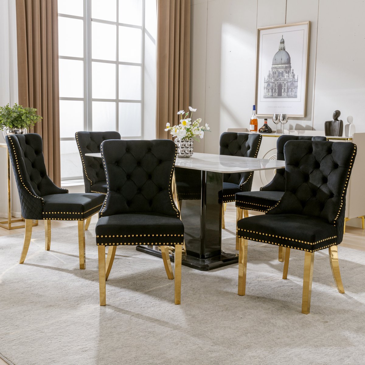 HAUSS SPOLE Eetkamerstoel - Luxe Fluwelen Design - Set Van 6 - Met Ringgreep En Gouden Met