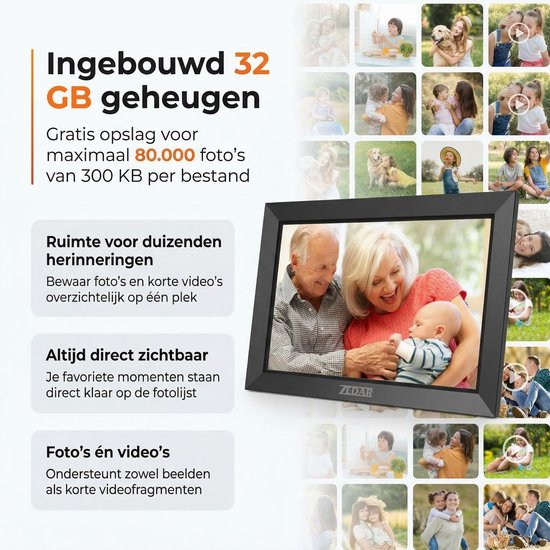 Zwart digitale fotolijst met een baby, oudere man en vrouw. Omringd door kleine foto's.