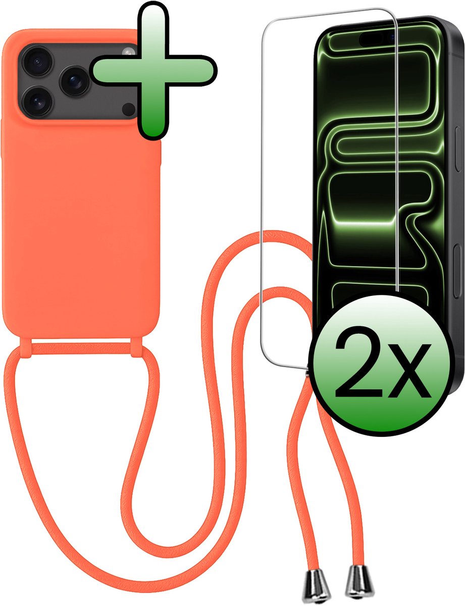 Hoes Geschikt voor iPhone 17 Pro Hoesje Met Koord Met 2x Screenprotector - Telefoonhoesje Geschikt voor iPhone 17 Pro Backcover Met Afneembaar Koord - Papaya