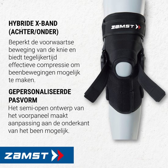 Zamst kniebrace met hybride X-band, semi-open ontwerp.