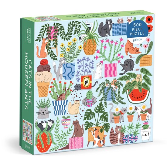 Doos van een 500-delige puzzel, genaamd 'Cats in the Houseplants', met veel katten en kamerplanten.