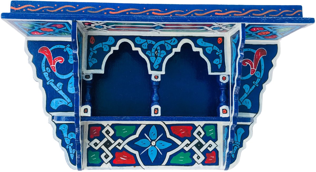 Vintage houten wandrek blauw vintage – kleurrijke handgeschilderde muurdecoratie – originele Marokkaanse wandplank