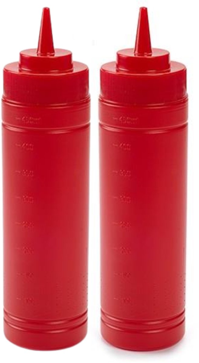 PlasticForte Doseerfles/sausfles - 2x stuks - kunststof - rood - met schenktuit - 500 ml - 23 cm