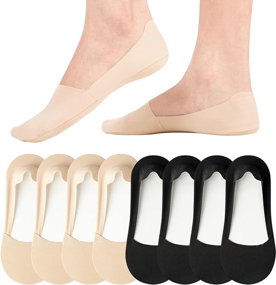 8 paires de chaussettes nylon invisibles pour femmes/hommes, taille 39-41, chaussettes basses et courtes, chaussettes anti-dérapantes pour chaussures plates, baskets, mocassins et chaussures de bateau, Zwart + beige