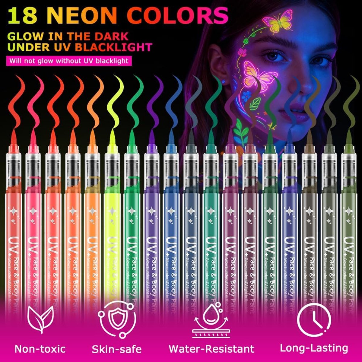 UV Schminkstiften Set - 18 Kleuren - Neon Face & Body Paint Markers - Blacklight Reactief - Waterbasis & Afwasbaar - Festival & Carnaval — afbeelding 7