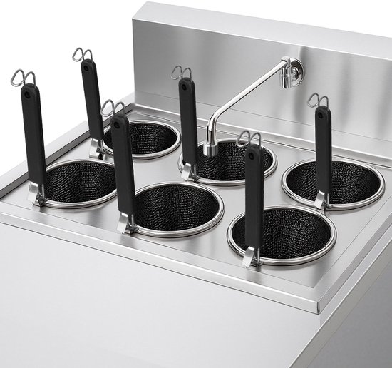 VERTES Gastro pastakoker met onderstel, van roestvrij staal, elektrisch, 3 x 1700 watt, 3 afzonderlijke kookbakken van elk 14 liter, 6 pastamanden, 3 aftapkranen, 3 temperatuurstanden van Merkloos — afbeelding 5