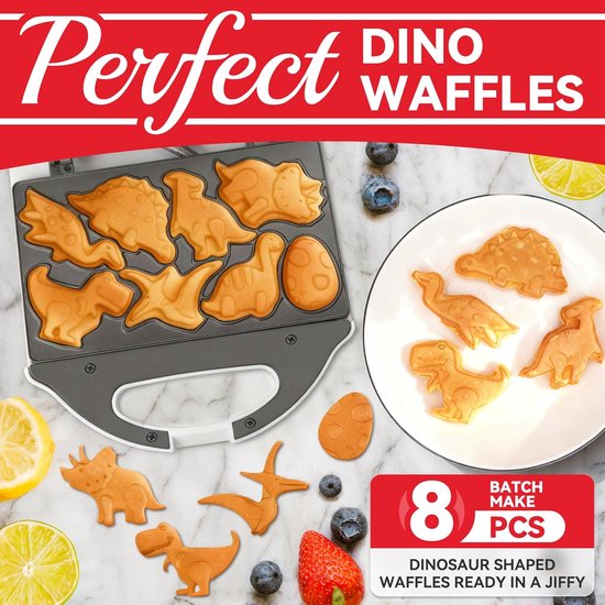 ACEP Dino Wafelijzer - Wafelijzer - Wit - RVS - Dinosaurus speelgoed - Mini wafelijzer - Wafel - Wafelmaker kind - 22D x 21,6B x 9H CM - Koekjes — afbeelding 4
