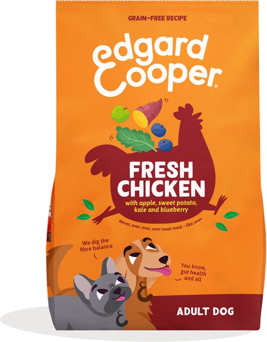 Zak Edgard & Cooper 'Fresh Chicken' hondenbrokken, graanvrij recept, met kip, zoete aardappel, kale en blauwe bessen. Voor volwassen honden.